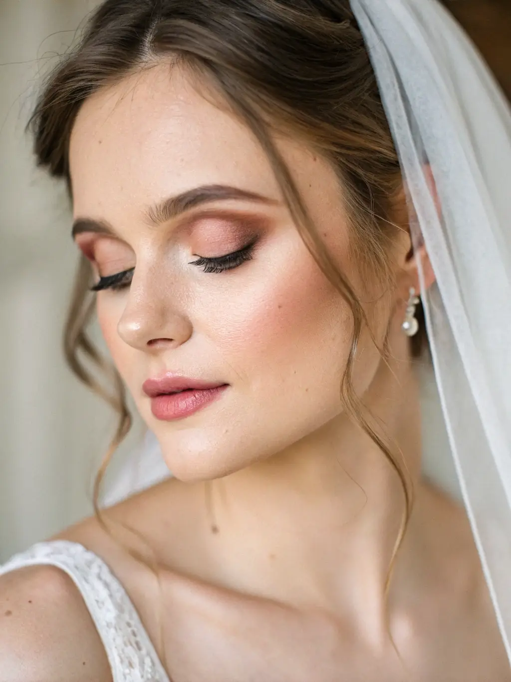 A bride with elegant wedding makeup, soft lighting, and a focus on natural beauty, suitable for Studio Wizażu Glow's website.