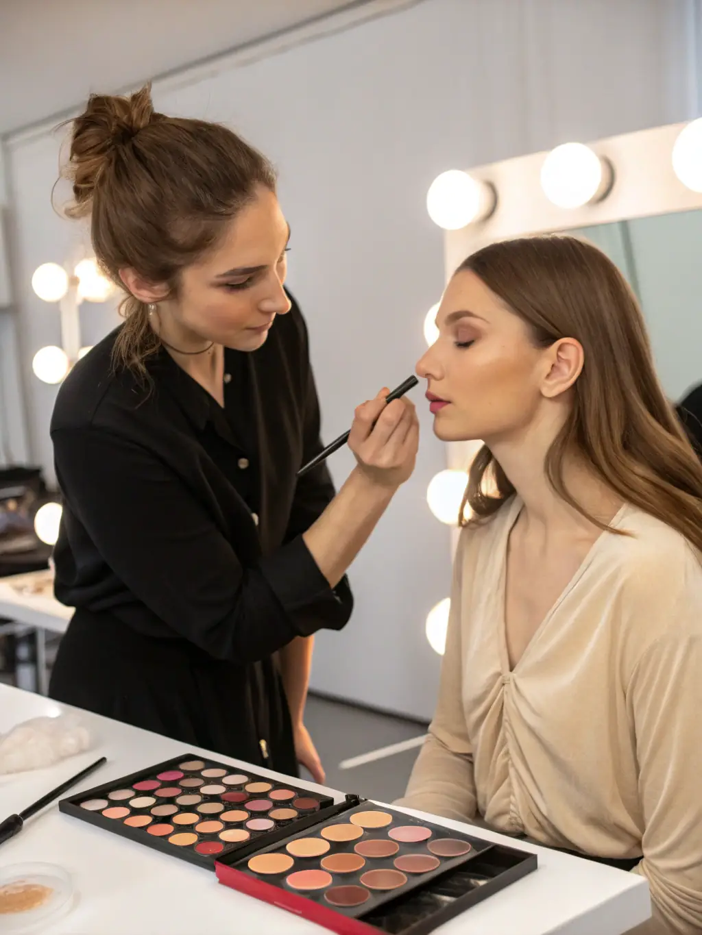 Close-up shot of a makeup artist applying foundation with a brush, showcasing precision and attention to detail in a luxurious studio setting.