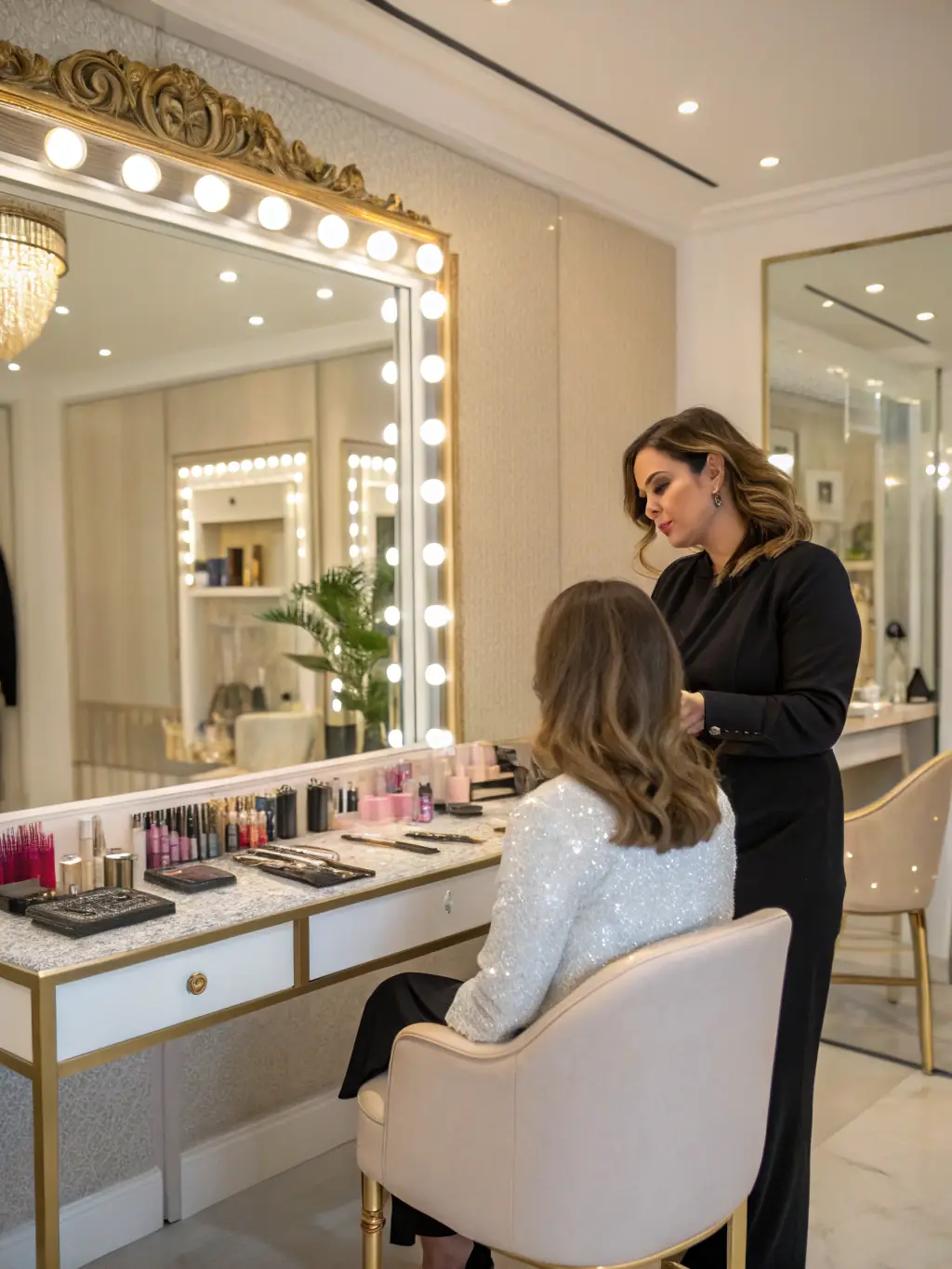 A makeup artist providing a consultation to a client, discussing makeup preferences and skin type in a well-lit and comfortable setting.