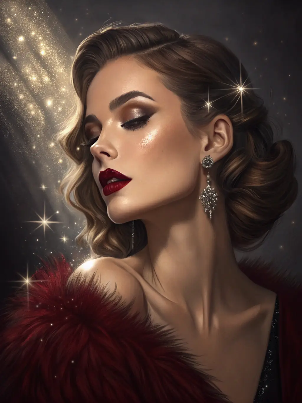 A woman with glamorous evening makeup, featuring a smoky eye and bold red lips, perfect for a special event, for Studio Wizażu Glow's website.